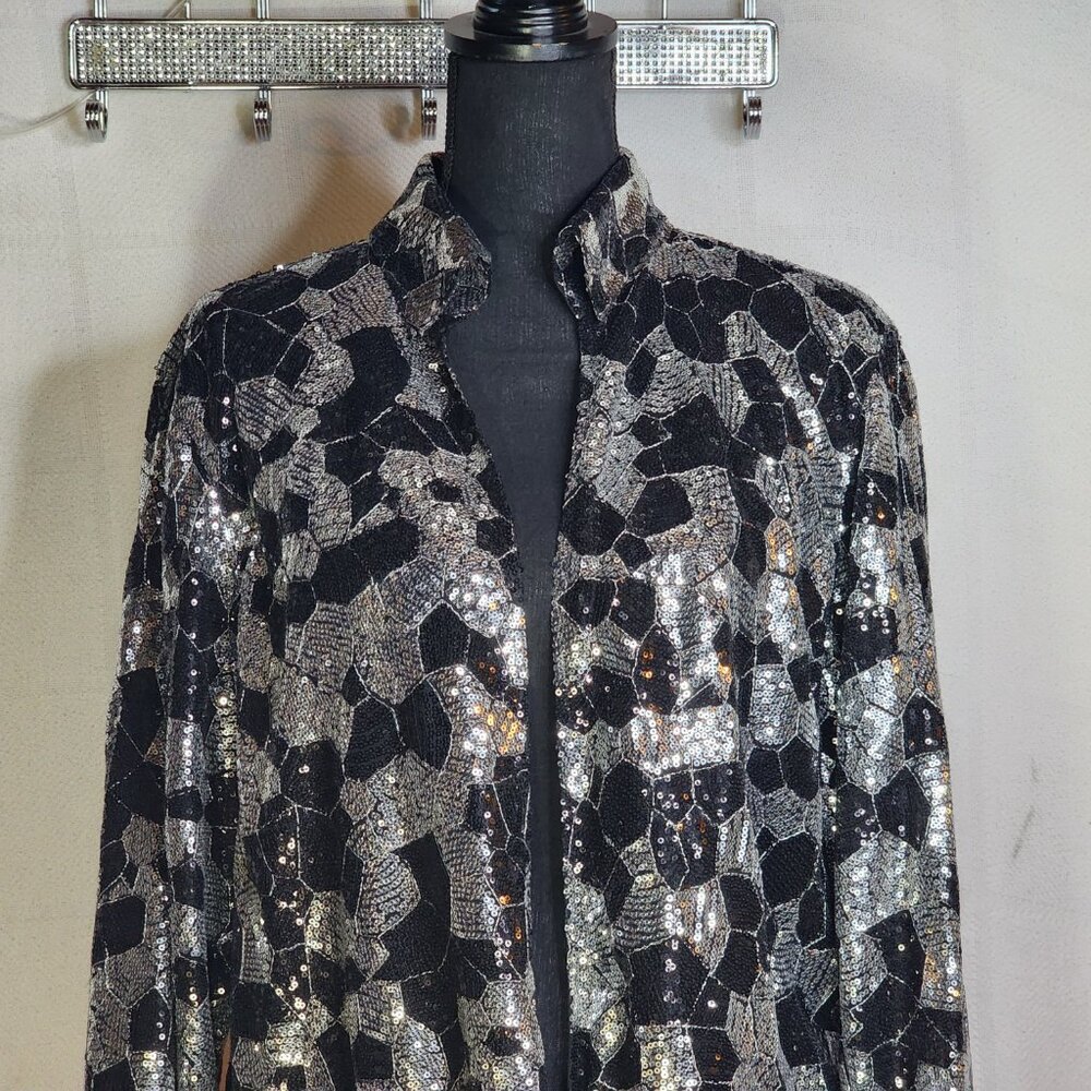 Chico's Black Silver Sequin Twilight Dazzle Tropez Poly Jacket Sz Chico 3 US XL - Picture 3 of 16